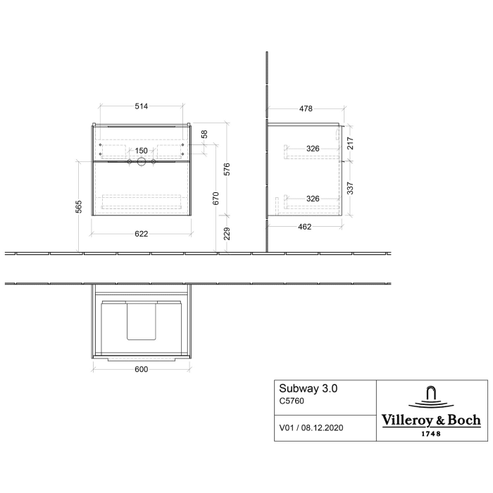 Villeroy & Boch Subway 3.0 Badmöbel-Set 65 cm, 2 Auszüge