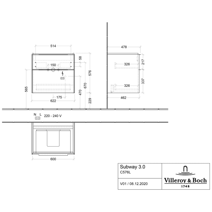 Villeroy & Boch Subway 3.0 Badmöbel-Set 65 cm mit Beleuchtung, 2 Auszüge