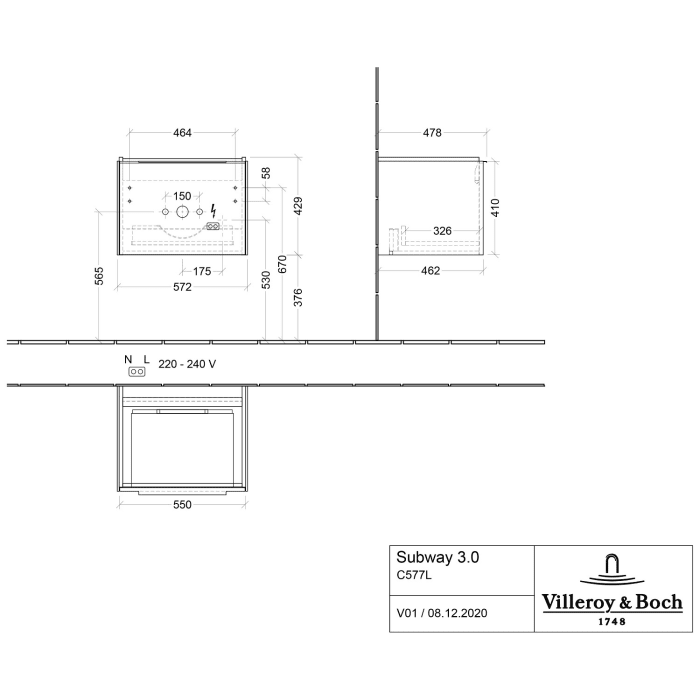 Villeroy & Boch Subway 3.0 Badmöbel-Set 60 cm mit Beleuchtung, 1 Auszug
