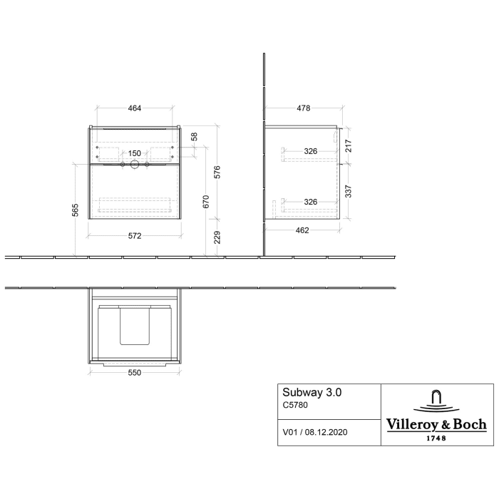 Villeroy & Boch Subway 3.0 Badmöbel-Set 60 cm, Griff in Möbelfarbe, 2 Auszüge