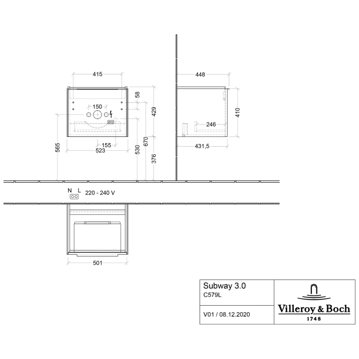 Villeroy & Boch Subway 3.0 Badmöbel-Set 55 cm mit Beleuchtung, 1 Auszug