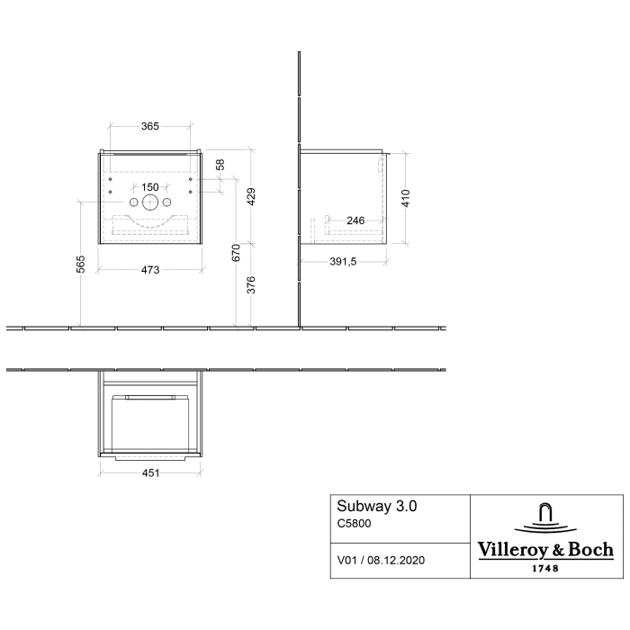 Villeroy & Boch Subway 3.0 Badmöbel-Set 50 cm, Griff volcano black, 1 Auszug