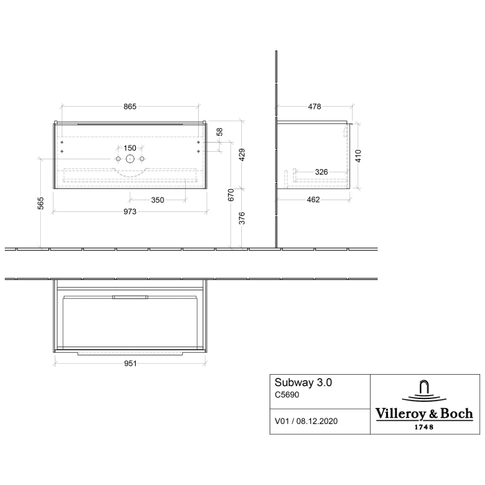 Villeroy & Boch Subway 3.0 Badmöbel-Set 100 cm, Griff volcano black, 1 Auszug