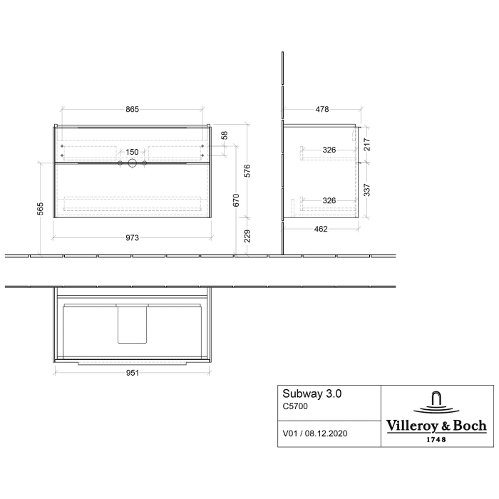 Villeroy & Boch Subway 3.0 Badmöbel-Set 100 cm, Griff in Möbelfarbe, 2 Auszüge
