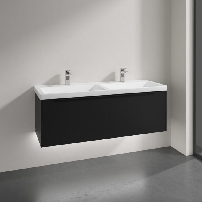 Villeroy & Boch Subway 3.0 Badmöbel-Set 130 cm mit Beleuchtung, Griff volcano black, 2 Auszüge, Doppelwaschtisch