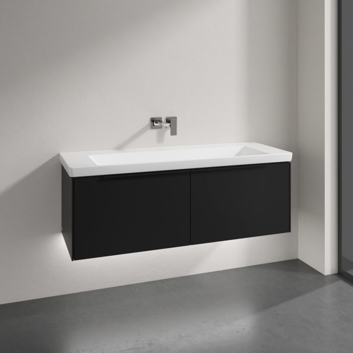 Villeroy & Boch Subway 3.0 Badmöbel-Set 130 cm mit Beleuchtung, Griff volcano black, 2 Auszüge