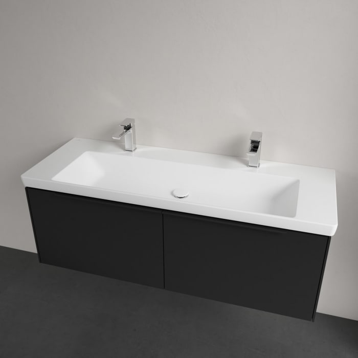 Villeroy & Boch Subway 3.0 Badmöbel-Set 130 cm mit Beleuchtung, Griff volcano black, 2 Auszüge, WT für 2 Armaturen