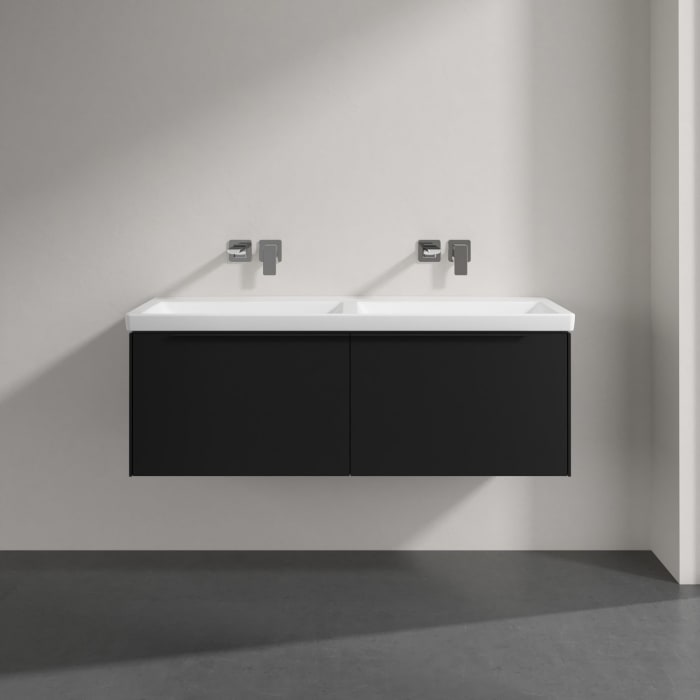 Villeroy & Boch Subway 3.0 Badmöbel-Set 130 cm mit Beleuchtung, Griff volcano black, 2 Auszüge, Doppelwaschtisch