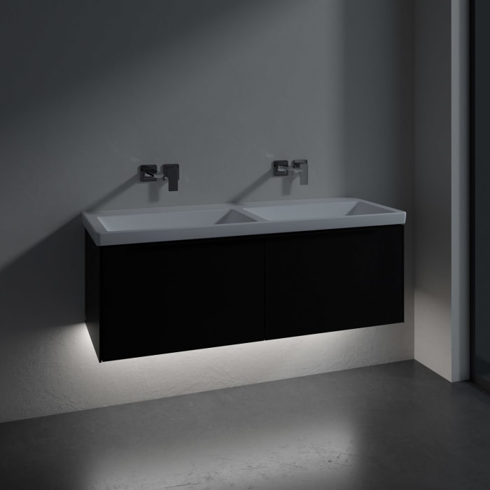 Villeroy & Boch Subway 3.0 Badmöbel-Set 130 cm mit Beleuchtung, Griff volcano black, 2 Auszüge, Doppelwaschtisch