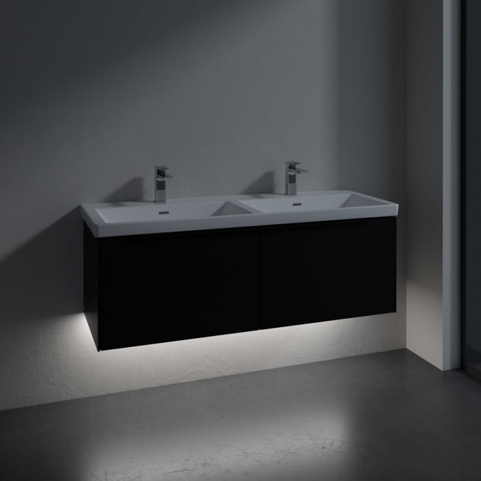 Villeroy & Boch Subway 3.0 Badmöbel-Set 130 cm mit Beleuchtung, Griff volcano black, 2 Auszüge, Doppelwaschtisch