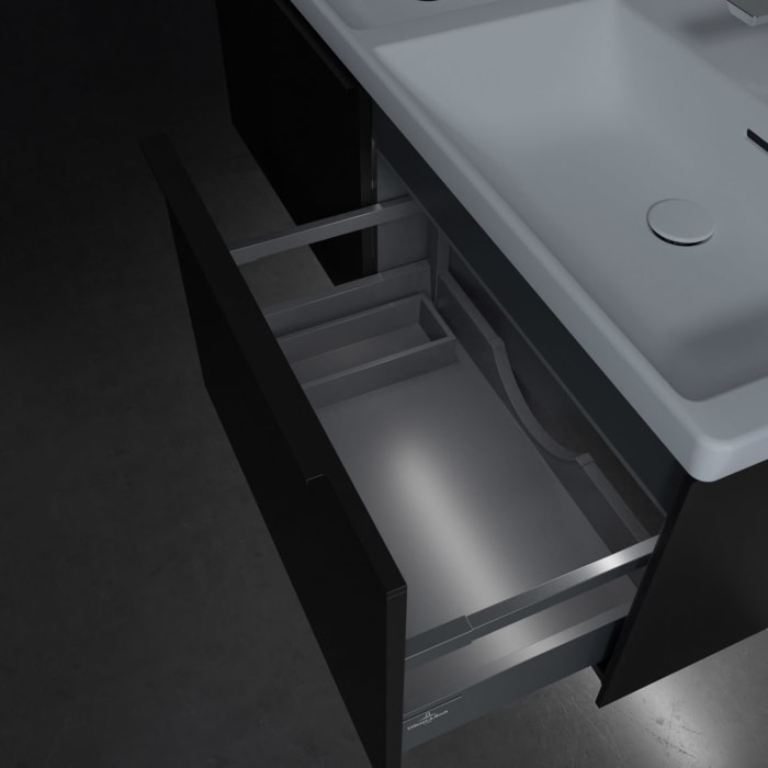 Villeroy & Boch Subway 3.0 Badmöbel-Set 130 cm mit Beleuchtung, Griff volcano black, 2 Auszüge, Doppelwaschtisch