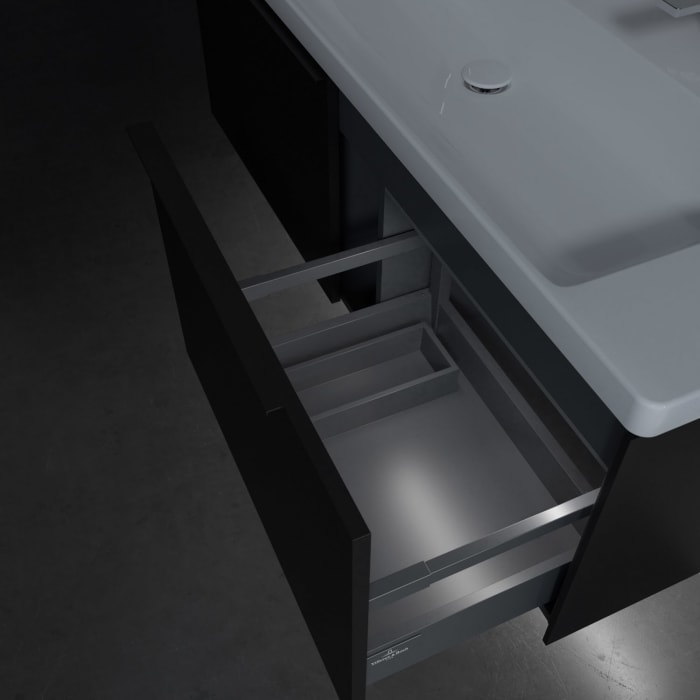 Villeroy & Boch Subway 3.0 Badmöbel-Set 130 cm mit Beleuchtung, Griff volcano black, 2 Auszüge, WT für 2 Armaturen