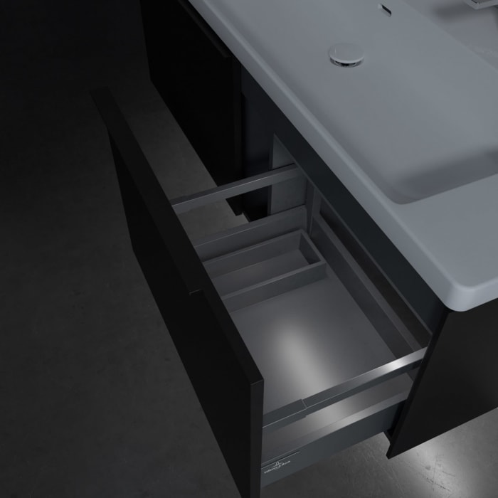 Villeroy & Boch Subway 3.0 Badmöbel-Set 130 cm mit Beleuchtung, Griff volcano black, 2 Auszüge, WT für 2 Armaturen