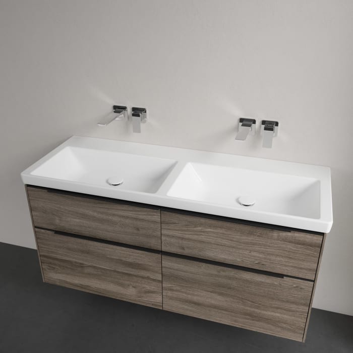 Villeroy & Boch Subway 3.0 Badmöbel-Set 130 cm mit Beleuchtung, Griff volcano black, 4 Auszüge, Doppelwaschtisch