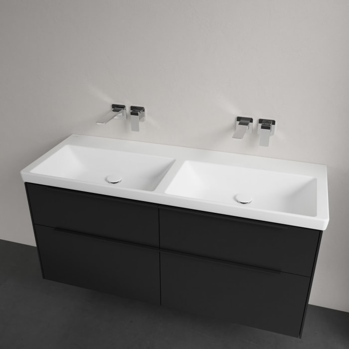 Villeroy & Boch Subway 3.0 Badmöbel-Set 130 cm mit Beleuchtung, Griff volcano black, 4 Auszüge, Doppelwaschtisch