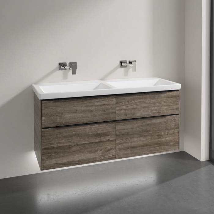 Villeroy & Boch Subway 3.0 Badmöbel-Set 130 cm mit Beleuchtung, Griff volcano black, 4 Auszüge, Doppelwaschtisch