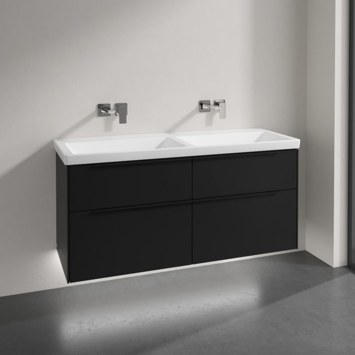 Villeroy & Boch Subway 3.0 Badmöbel-Set 130 cm mit Beleuchtung, Griff volcano black, 4 Auszüge, Doppelwaschtisch