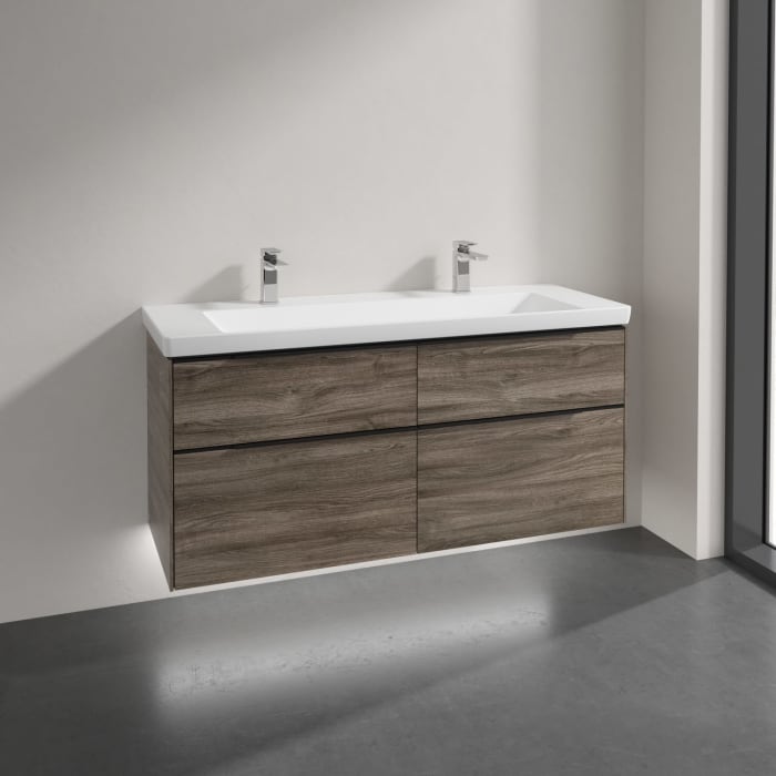 Villeroy & Boch Subway 3.0 Badmöbel-Set 130 cm mit Beleuchtung, Griff volcano black, 4 Auszüge, WT für 2 Armaturen