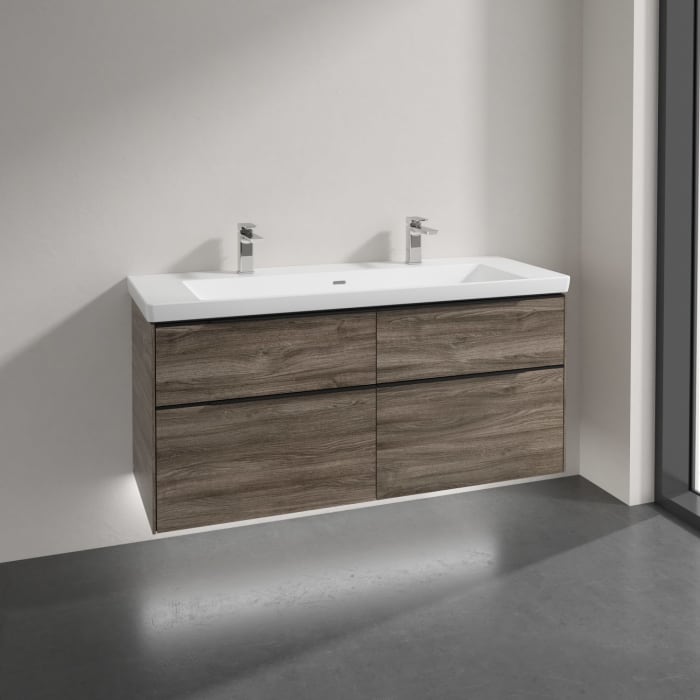 Villeroy & Boch Subway 3.0 Badmöbel-Set 130 cm mit Beleuchtung, Griff volcano black, 4 Auszüge, WT für 2 Armaturen