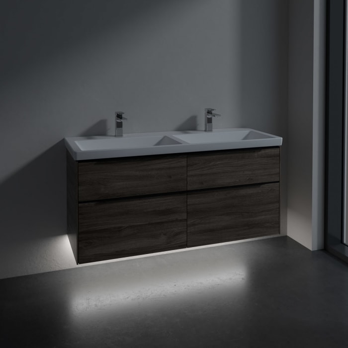 Villeroy & Boch Subway 3.0 Badmöbel-Set 130 cm mit Beleuchtung, Griff volcano black, 4 Auszüge, Doppelwaschtisch