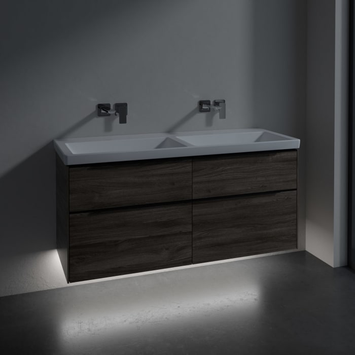 Villeroy & Boch Subway 3.0 Badmöbel-Set 130 cm mit Beleuchtung, Griff volcano black, 4 Auszüge, Doppelwaschtisch