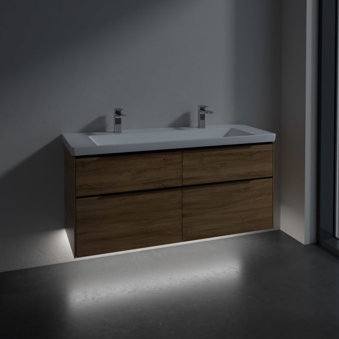 Villeroy & Boch Subway 3.0 Badmöbel-Set 130 cm mit Beleuchtung, Griff volcano black, 4 Auszüge, WT für 2 Armaturen