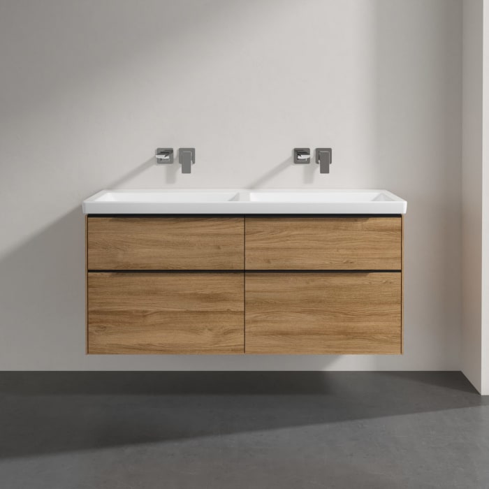 Villeroy & Boch Subway 3.0 Badmöbel-Set 130 cm mit Beleuchtung, Griff volcano black, 4 Auszüge, Doppelwaschtisch