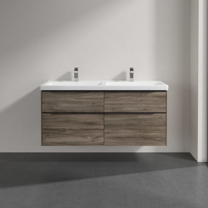 Villeroy & Boch Subway 3.0 Badmöbel-Set 130 cm mit Beleuchtung, Griff volcano black, 4 Auszüge, Doppelwaschtisch