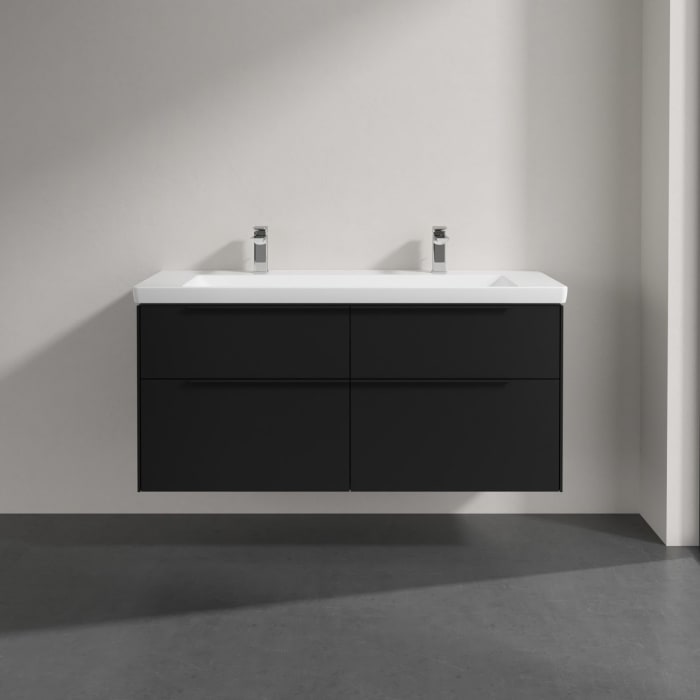 Villeroy & Boch Subway 3.0 Badmöbel-Set 130 cm mit Beleuchtung, Griff volcano black, 4 Auszüge, WT für 2 Armaturen