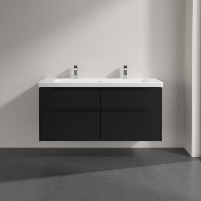 Villeroy & Boch Subway 3.0 Badmöbel-Set 130 cm mit Beleuchtung, Griff volcano black, 4 Auszüge, WT für 2 Armaturen