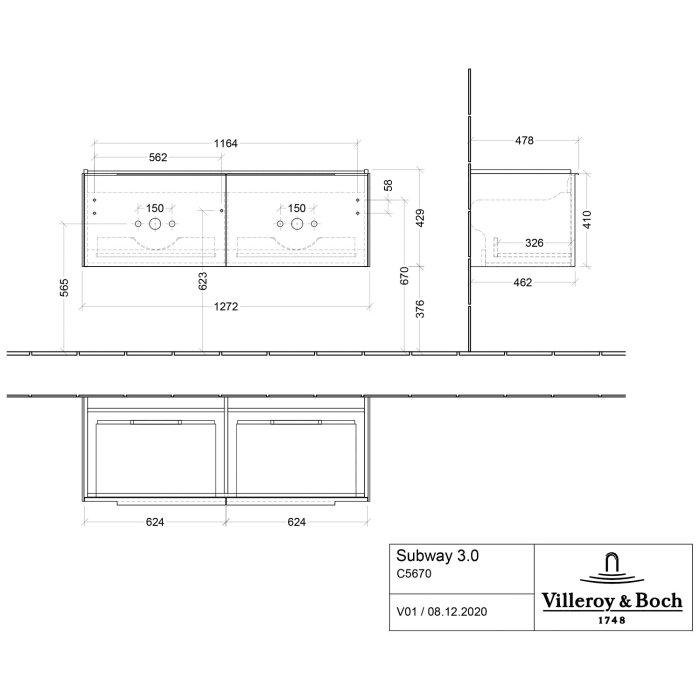 Villeroy & Boch Subway 3.0 Badmöbel-Set 130 cm, Griff volcano black, 2 Auszüge, Doppelwaschtisch