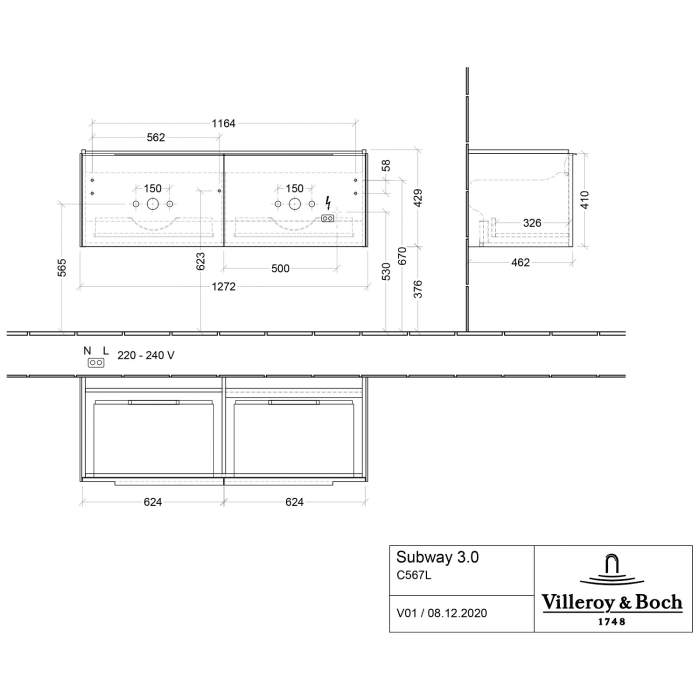 Villeroy & Boch Subway 3.0 Badmöbel-Set 130 cm mit Beleuchtung, 2 Auszüge, Doppelwaschtisch