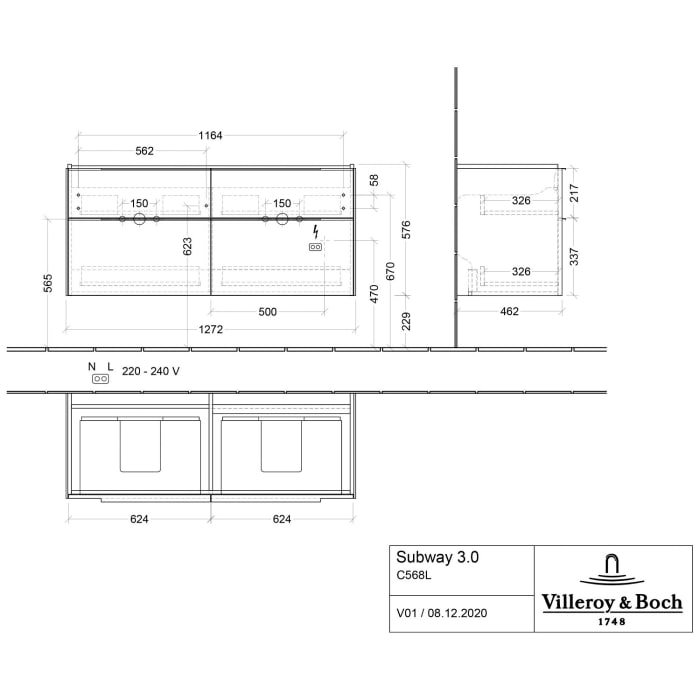Villeroy & Boch Subway 3.0 Badmöbel-Set 130 cm mit Beleuchtung, 4 Auszüge, Doppelwaschtisch