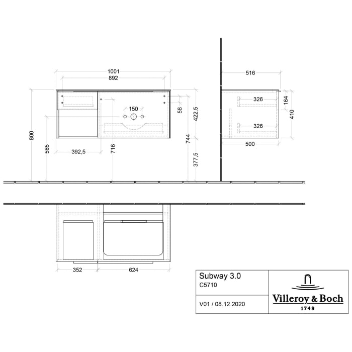 Villeroy & Boch Subway 3.0 Badmöbel-Set 100,1 cm Griff in Möbelfarbe, Waschbecken rechts mit CeramicPlus