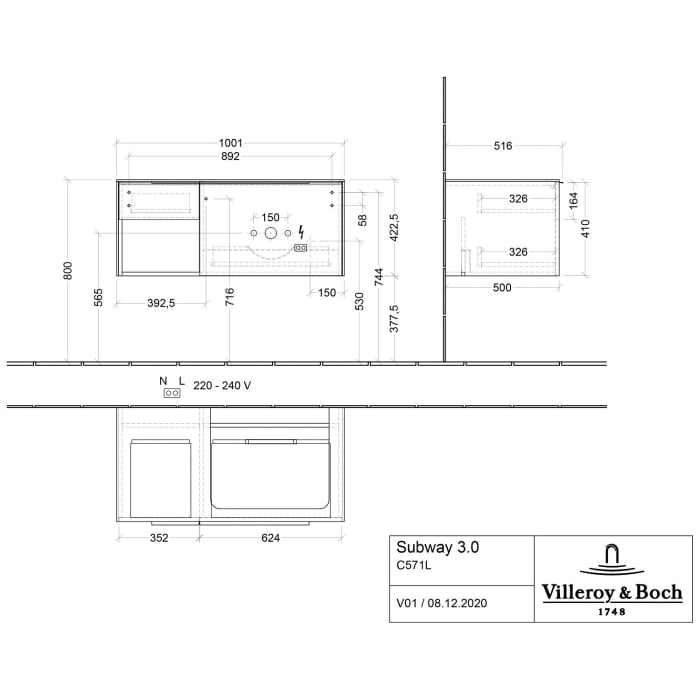 Villeroy & Boch Subway 3.0 Badmöbel-Set 100,1 cm mit Beleuchtung, Griff in Möbelfarbe, Waschbecken rechts