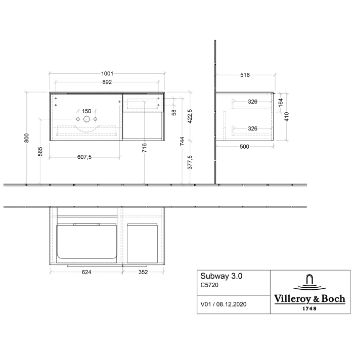 Villeroy & Boch Subway 3.0 Badmöbel-Set 100,1 cm, Waschbecken links mit CeramicPlus