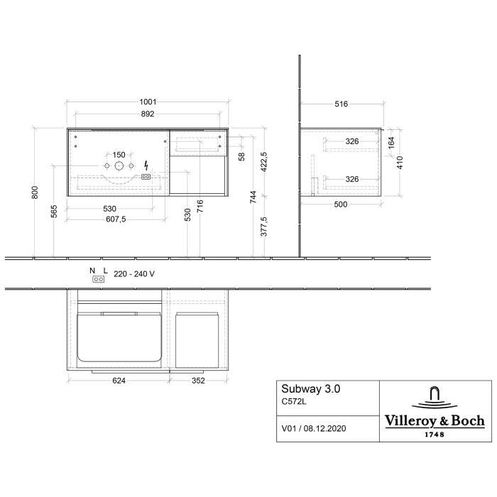 Villeroy & Boch Subway 3.0 Badmöbel-Set 100,1 cm mit Beleuchtung, Waschbecken links