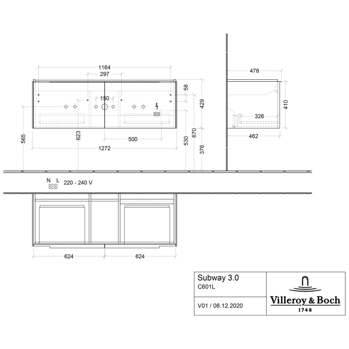Villeroy & Boch Subway 3.0 Badmöbel-Set 130 cm mit Beleuchtung, Griff volcano black, 2 Auszüge, WT für 2 Armaturen