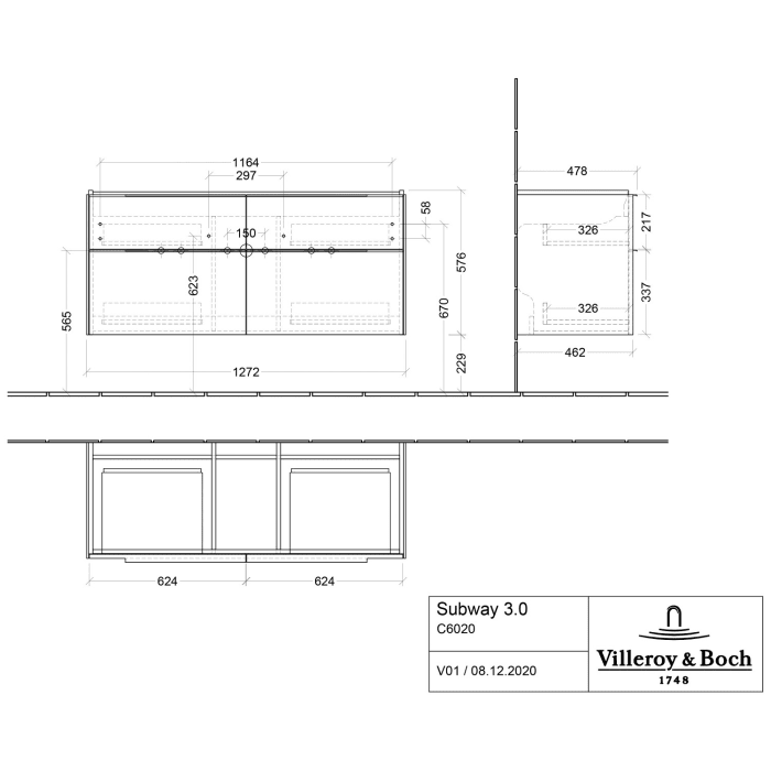 Villeroy & Boch Subway 3.0 Badmöbel-Set 130 cm, 4 Auszüge, WT für 2 Armaturen