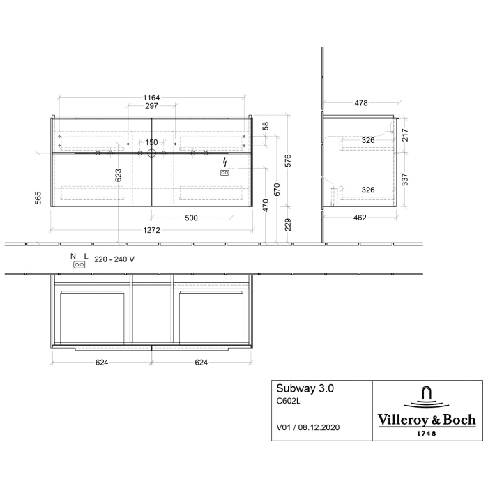 Villeroy & Boch Subway 3.0 Badmöbel-Set 130 cm mit Beleuchtung, 4 Auszüge, WT für 2 Armaturen