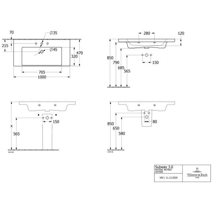 Villeroy & Boch Subway 3.0 Badmöbel-Set 100 cm mit Beleuchtung, 1 Auszug