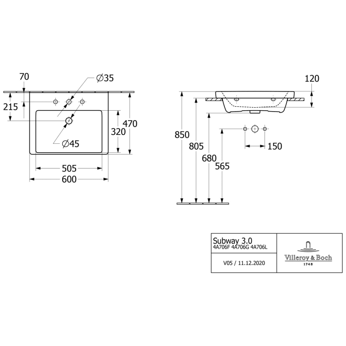 Villeroy & Boch Subway 3.0 Badmöbel-Set 100,1 cm mit Beleuchtung, Waschbecken rechts mit CeramicPlus