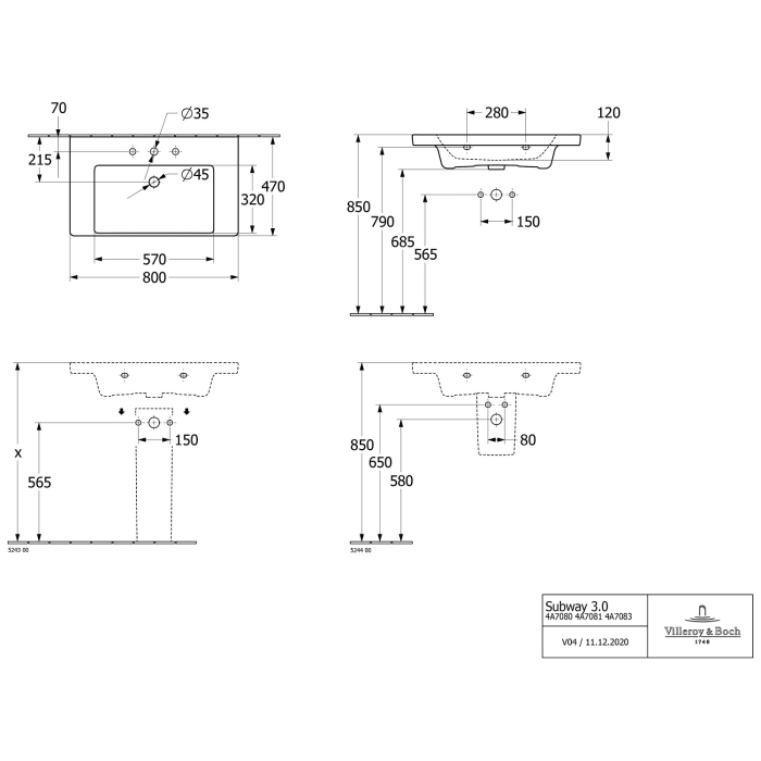 Villeroy & Boch Subway 3.0 Badmöbel-Set 80 cm mit Beleuchtung, 1 Auszug