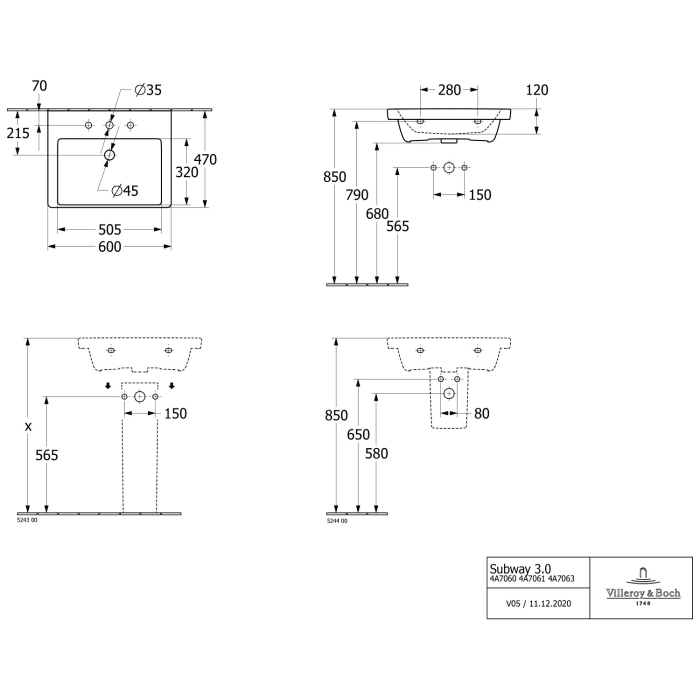 Villeroy & Boch Subway 3.0 Badmöbel-Set 60 cm, Griff volcano black, 2 Auszüge