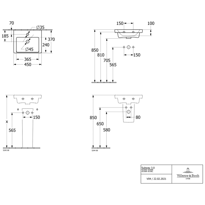 Villeroy & Boch Subway 3.0 Badmöbel-Set 45 cm, 1 Tür Anschlag rechts