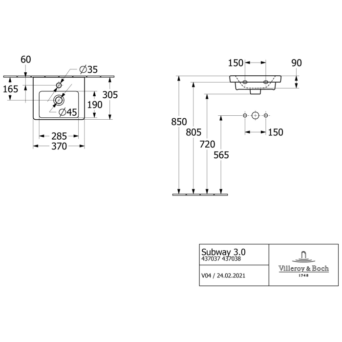 Villeroy & Boch Subway 3.0 Badmöbel-Set 37 cm, Griff volcano black, 1 Tür Anschlag links