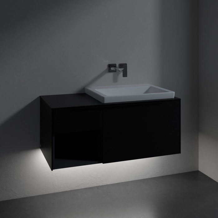 Villeroy & Boch Subway 3.0 Badmöbel-Set 100,1 cm mit Beleuchtung, Griff volcano black, Waschbecken rechts mit CeramicPlus