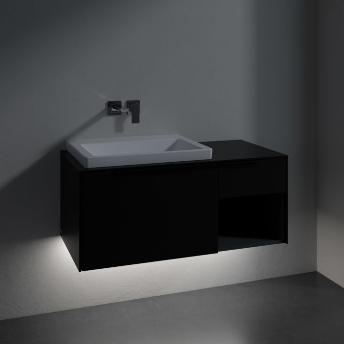 Villeroy & Boch Subway 3.0 Badmöbel-Set 100,1 cm mit Beleuchtung, Griff volcano black, Waschbecken links mit CeramicPlus