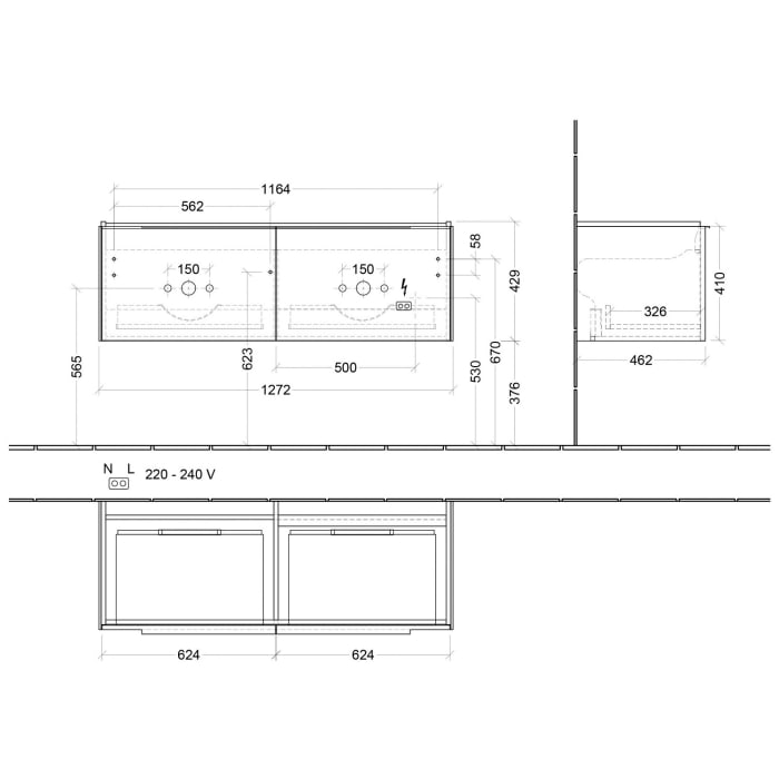 Villeroy & Boch Subway 3.0 Waschtischunterschrank 127,2 cm, 2 Auszüge, mit LED-Beleuchtung, für Doppel-Waschtisch