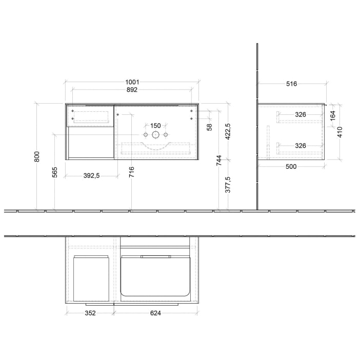 Villeroy & Boch Subway 3.0 Waschtischunterschrank 100,1 cm, 2 Auszüge und Regal links, ohne LED-Beleuchtung